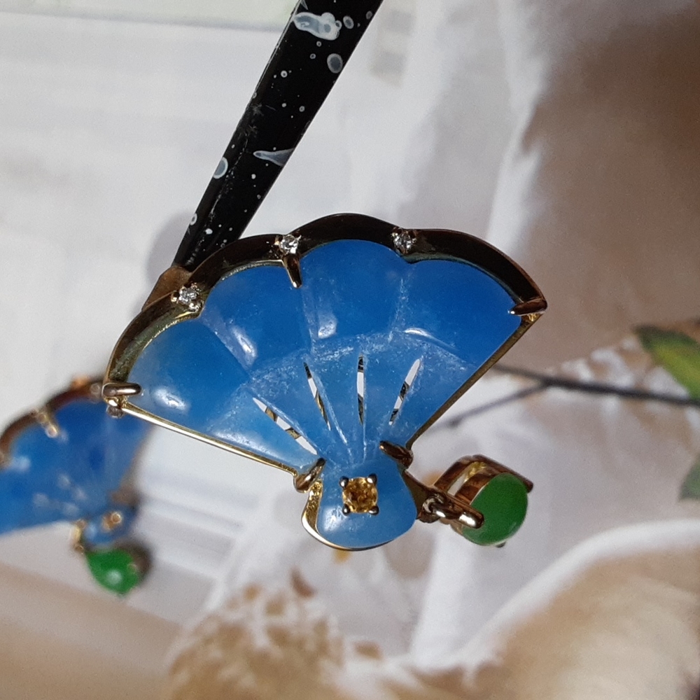 Gold over 925, Blue and Green Burmese Jade, Citrine and natural White Zircons - Picture 6 of 7